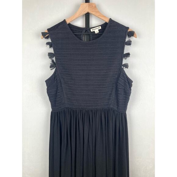 Whistles Crochet Lace Jersey Dress Black Size L Tassels Smocked Flowy Sleeveless - Picture 4 of 10